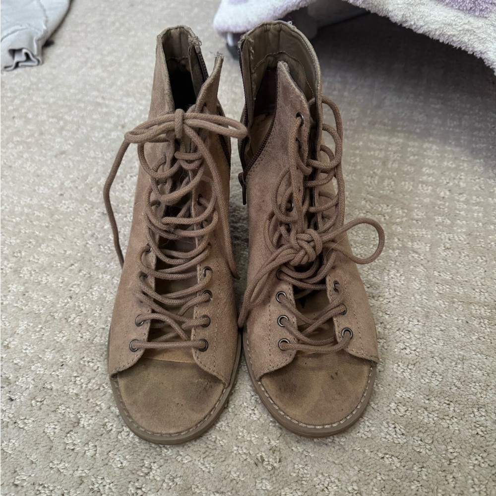 Neutral Suede Lace-Up Peep Toe Booties | Block Heel | Size 8
